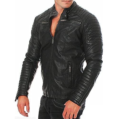 Lbskux Men Simple Faux Leather Jacket Zip-Up Stand Collar Button Motorcycle Lightweight Aviator Jackets Slim Warm Bomber Outwear Black #TOP3