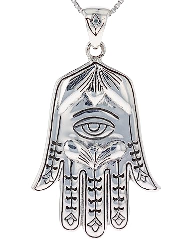 Large Hamsa Hand of Fatima Eye Sterling Silver Pendant Necklace 18