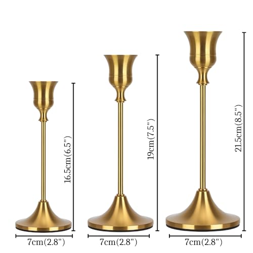 Image of Gold Metal Candle Holders for Table Centerpiece Set of 3 | Brass Finish Taper Candle Stand | Electroplated Alloy Candlestick Holder for Dining, Wedding, Home Decor (Fits 2cm Candles)
