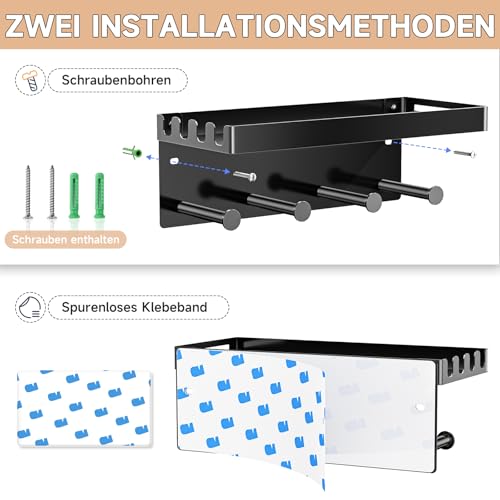 YYBO Hundegarderobe Schlüsselbrett Mit Ablage, Schlüsselhalter Wand, Schlüsselablage Schwarz, Metall Hundeleinen Halterung Wand für Flur, Eingangsbereich, Selbstklebend or Bohren