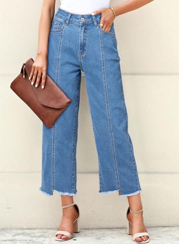 Image of Sidefeel Women's Jeans High Waisted Wide Leg Loose Fit Straight Leg Zimbaplatinum Cropped Denim Pants