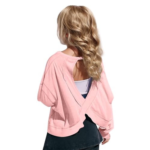 Girls Long Sleeve Shirts Fashion Back Cutout Sport Tops Trendy Crewneck Teen Girl Gym T-Shirts Comfy Cotton Blouse