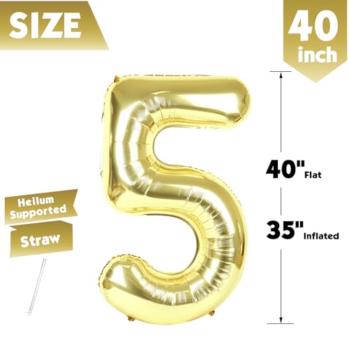 Image of 40 Inch Light Gold Number 5 Balloon, Champagne Birthday Party Decorations | 40 Inch Light Gold inflatable foil number balloons, large birthday decorations for 5th birthday