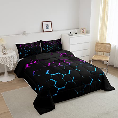 Manfei Honeycomb Comforter Set Twin Size Red And Blue Neon Lights Duvet Insert Geometric Hexagon Bedding Set 2Pcs For Kids Boys Girls Room Decoration Luxury Polyester Quilted Duvet With 1 Pillowcase #TOP1