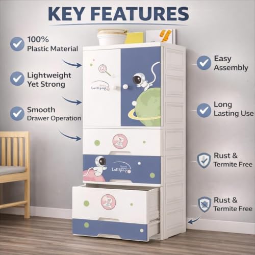 Image of Kids Plastic Collapsible Wardrobe Organizer for Storage with Drawers | Cute Cartoon Design | Heavy Duty Runner Rug Floor Mat Carpets Organizer Bedroom, Living Room (Sky-Blue, 1+3-Door)
