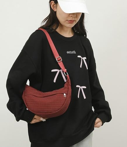 Trendy Women's Plaid Nylon Crescent Crossbody Bag Retro Half Moon Purse with Adjustable Strap for Weekend Vacation3