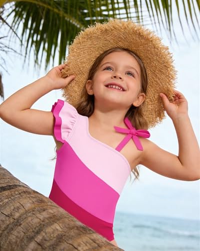 Image of Redair Toddler Girl One Piece Swimsuit Color Block with Ruffled Sleeve Straps Swimwear Bathing Suit for Baby Girl 12M-6Years