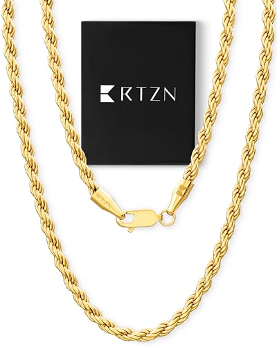 RTZN® Rope Chain for Men – 4mm 18K Gold Mens Rope Chain – Premium Stainless Steel Necklace for Men – Non-Tarnish & Waterproof Gold Mens Chain Necklaces (22'' Inches)