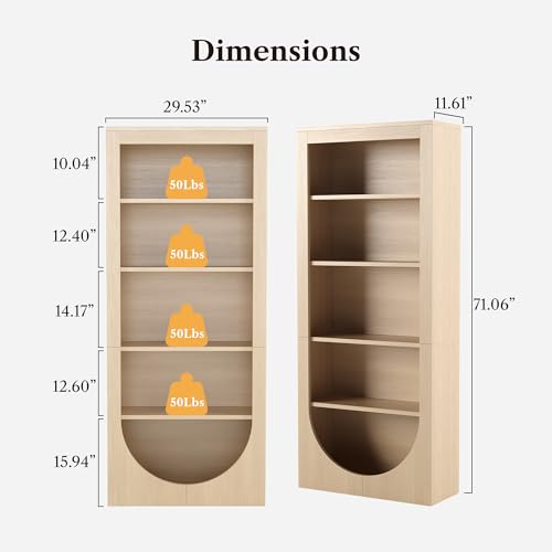 Image of 71 inch Arched Bookcase, 5-Tier Reversible Farmhouse Shelf | Reversible arch. 5 shelves. 50 lb per shelf. 11.81 inchD x 29.5 inchW x 71 inchH. Light brown finish.
