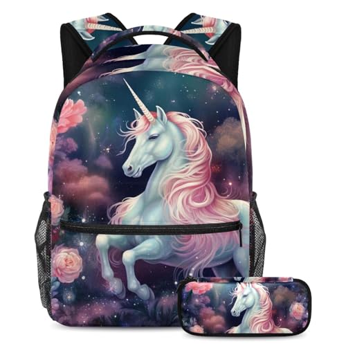 Sac à dos licorne grande capacité 2 pièces avec trousse pour l'école des ados