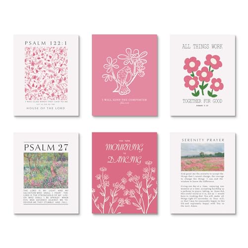 Image of Habseligkeit Pink Flower Wall Art Prints, Retro Wall Decors for Room Aesthtic, Abstract Posters for Girls Bedroom Decor Aesthetic Unframed, 8X10in, Set of 6