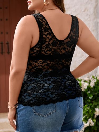 SOLY HUX Women's Plus Size Floral Lace Sheer V Neck Scalloped Trim Sleeveless Tank Tops2
