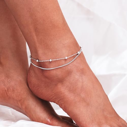 Image of CHIC & ARTSY 925 Sterling Silver Ankle Bracelets for Women, Adjustable Double Layer Chain Anklets, Minimalist Lightweight Foot Jewelry for Beach & Everyday Wear