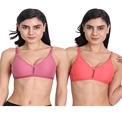 Image of Women's Full Coverage Cotton Blend Bra | Wired Free Lightly Padded Everyday Wear Bras | Soft Breathable Comfortable T-Shirt Bra | Adjustable Straps Lightweight Daily Inner wear for Women Pack of 2