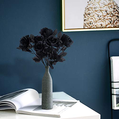 Sunm Boutique 10 Pack Artificial Flowers Black Roses Bouquets Silk Bouquet Wedding Bridle Bouquet Indoor Outdoor Home Kitchen Office Table Centerpieces Arrangements Decor #TOP1