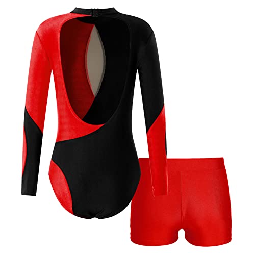 Kids Girls Shiny Rhinestone Long Sleeve Gymnastic Leotard with Sports Shorts Ballet Dance Outfit Tracksuit Dancewear2
