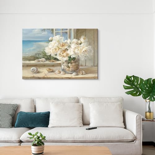 Goldfoilart Beach Flower Canvas Pictures Wall Art Paintings Coastal Scene Prints Modern Landscape Floral Framed Artwork for Bedroom Living Room Bathroom Office Home Decor 36" x 24" - Image 8