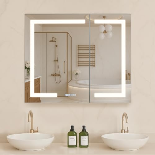 VEVOR Lighted Medicine Cabinet with Mirror, 36 x 30 in Recessed or Wall Mount, 3 Color Dimmable LED Bathroom Medicine Cabinet with HD Mirror, Clock, Adjustable Shelve Storage, Memory Defog Function