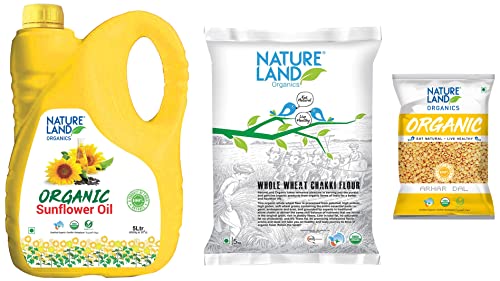 Image of Natureland Organics Sunflower Oil Jar, 5 L & Whole Wheat Flour Bag, 5 kg & Arhar /Toor Dal Pouch, 1 kg