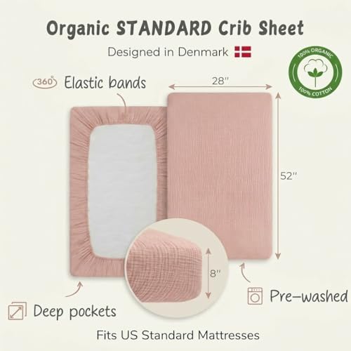 Image of Crib Sheets - Organic Cotton Muslin Fitted Crib Sheet - Standard Size for Baby Girls 28 inch x 52 inch Ultra-Soft and Breathable- 2-Pack (Fog /Blush)
