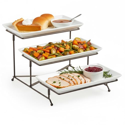 LAUCHUH 3 Tier Serving Tray Porcelain Tiered Serving Stand Collapsible Sturdier Rack Serving Platters with 2 Cross Bars for Thanksgiving, Christmas, Fruit Dessert Party Display Set, 12 Inch,