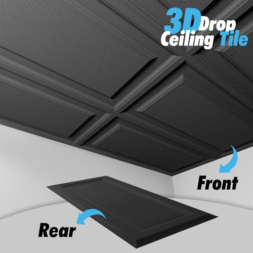 Art3d Drop Ceiling Tiles 24x48 inch Black (12-Pack, 96 Sq.ft), 3D Wainscoting Panels Glue Up 2x4 FT
