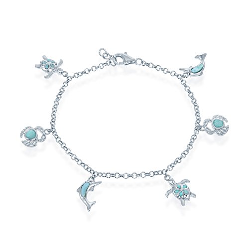 Sterling Silver Natural Larimar Nautical Turtle, Dolphin, Crab Charm 7+1" Bracelet #TOP26
