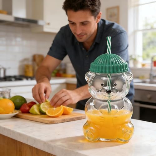 Image of New Glass Bear Straw Cup 600ML Cute Bear Glass Tumbler with Reusable Straw - Viral Animal Design for Smoothies, Boba & Iced Coffee (Green)