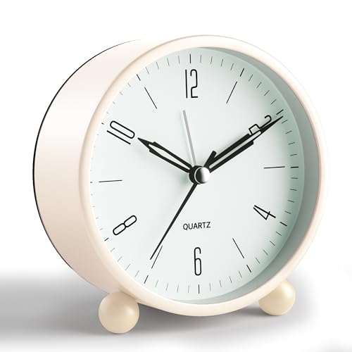 Analog Alarm Clock, 4 inch Super Silent Non Ticking Small Clock with Night Light, Battery Operated, Simple Design, Old Fashioned Style Cream Decor, for Bedroom, Bedside, Desk, Adult, Kid, Gift, White