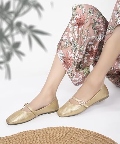 Image of JM LOOKS Elegant Textured Metallic Mary Jane Flats with Floral Buckle Detail and Comfortable Low Profile Sole
