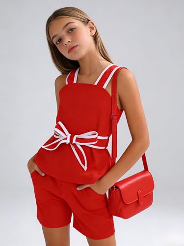 Image of Cakaner Tween Girls 2 Piece Outfit Set Summer Tank Top and Elastic Waist Shorts with Belt Size 7-14