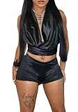 SHINFY Satin 2 Piece Short Sets for Women Sexy Backless Halter Tie Silky Crop Top Matching Shorts Set for Going Out