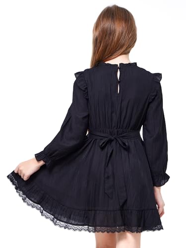 WULFUL Girls Long Sleeve Dress Flared Belted Fall Casual Party Dress A-line Swing 5-14 Years2