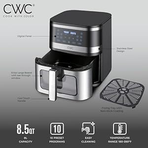 COOK WITH COLOR Digital Air Fryer, 8.5QT Capacity, 1500W, 10 Presets, Non-Stick Pot & Tray, Adjustable Timer & Temp Control, Sleek Black Design with Easy-View Window COOK WITH COLOR Digital Air Fryer 85QT Capacity 1500W 10 Presets Non Stick Pot Tray Adjustable Timer Temp Control Sleek Black Design with Easy View Window