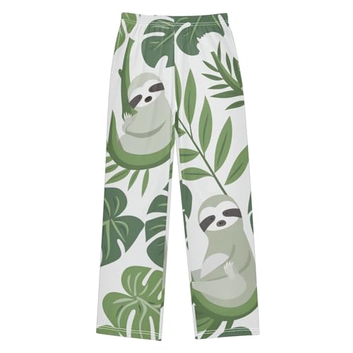 ZZXXB Sloth Tropical Leaves Print Boys Long Pants Soft Trousers Elastic Waist Kids Lounge Bottoms with Pockets S-XL