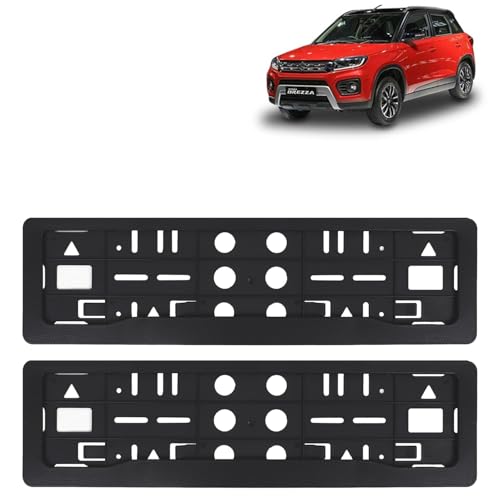 Image of KINGSWAY Vitara Brezza Car Number Plate Frames for All 2020 to 2022 Models of Maruti Suzuki Car Registration Plate Holders, Black Licence Plate Covers (Front and Rear), Universal Size 51.5 x 14.5 cm