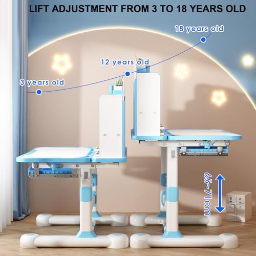 Children Adjustable Desk and Chair Set, Study Table for Kids, kids writing desk, Pink Home School Writing Desk with Drawers and Storage Compartments, Reading/Learning/Writing for Girls (Blue-C)