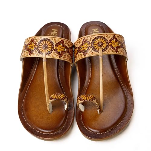 Image of Women's Leather Kolhapuri Chappals - Handmade Ethnic Flats Sandals with Durable TPR Non-Slip Sole