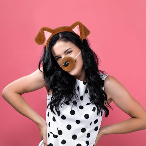 SATINIOR Kostüm Set Tierkostüm Set Ohr Stirnband Künstliche Nase Fliege und Schwanz Kinder Erwachsene Kostümzubehör für Karneval Welttag des Buches Cosplay (Braun, Schöner Hund)