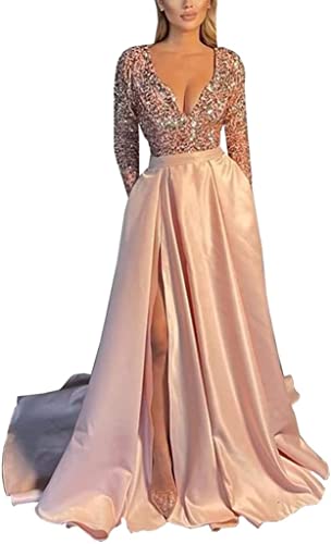 LuckyShe Damen Elegant lang V-Ausschnitt Abendkleider Ballkleid mit Ärmel Pailletten Blush 34 Cover
