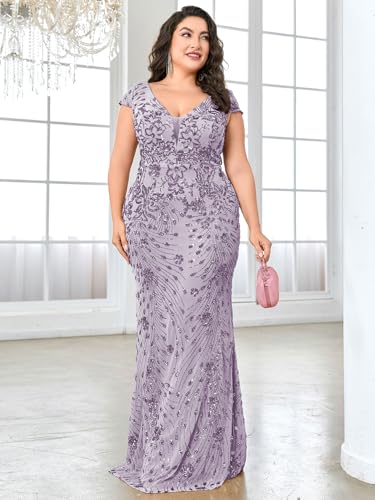 Image of Plus Size Womens Sequined Long Evening Gown Glamous Sleeveless V-Neck Mermaid Prom Dress for Wedding Party