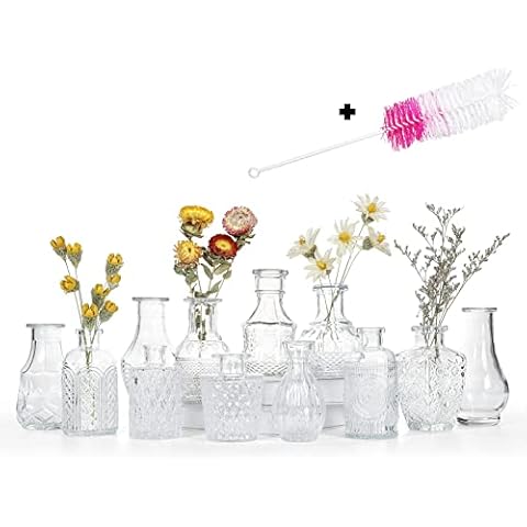 EylKoi Small Vases for Table Decoration 12 Pcs Mini Vase with Brush, Small Flower Vase Cute, Clear Bud Vase Vintage Glass Vase Wedding Centrepieces For Tables Rustic Decorations, Home Table Flower Cover