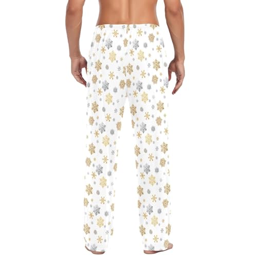 Gold Snowflakes Men's Pajamas Pants Cotton Sleep Bottoms Pants Lounge Sleepwear - S3
