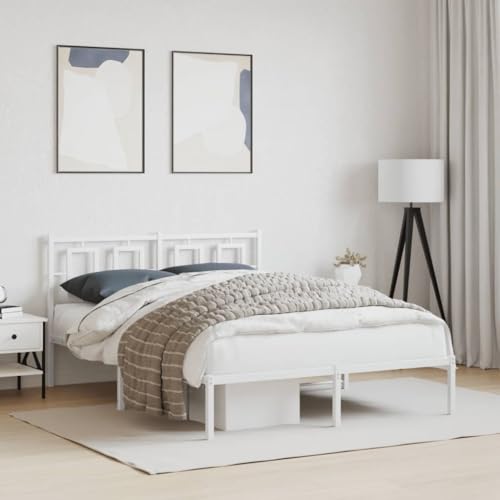 Mokuyary Estructura de cama con cabecero de metal blanco 135 x 190 cm, marco de cama con somier, plataforma, marco de cama sin colchón, fácil montaje para dormitorio, habitación de invitados, tamaño