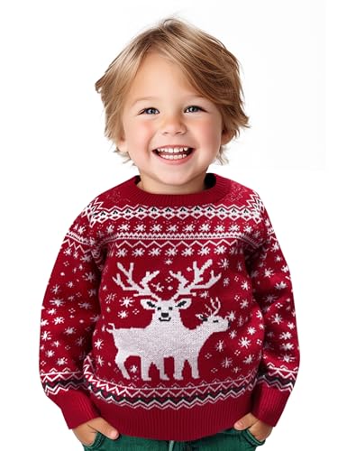 Namatime Jersey de Navidad para niños, divertido suéter navideño Ugly Christmas Sweater cuello redondo suéter de punto con reno puro, unisex, conjunto familiar, color rojo, 8 años, Niño-rojo, 8 años