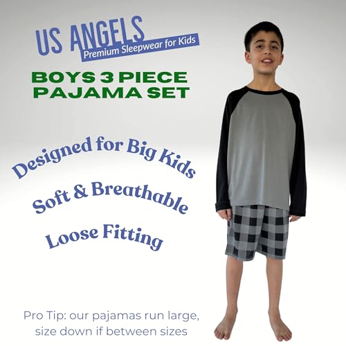 Image of US Angels Boys Pajamas Set | 3-Piece Pant, Shirt, Shorts Sleepwear Pjs for Kids | Loose Fit, Soft, Breathable Blue Plaid