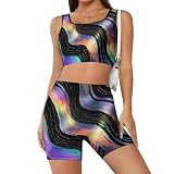 DGTXWIT Women's High Waist Workout Set Wave Rainbow Colorful Funny 2 Piece Yoga Outfit with Shorts And Crop Top, Gym Athletic Fitness Wear S