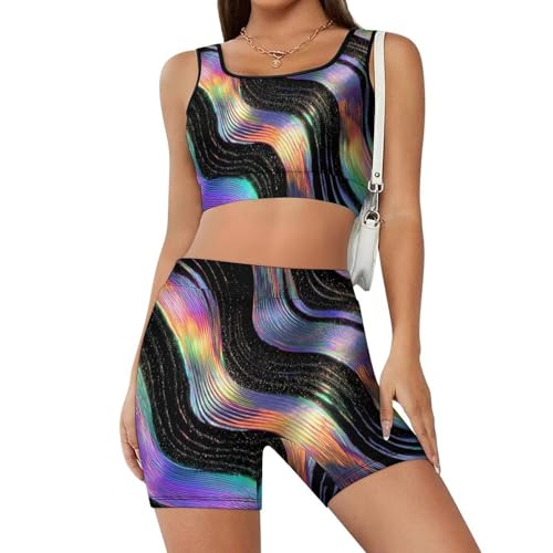 DGTXWIT Women's High Waist Workout Set Wave Rainbow Colorful Funny 2 Piece Yoga Outfit with Shorts And Crop Top, Gym Athletic Fitness Wear S