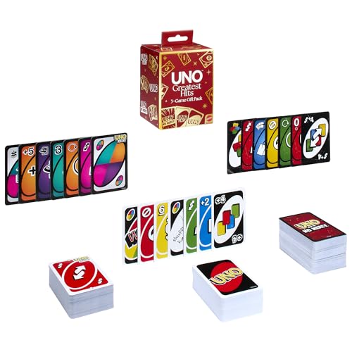 Image of ​Mattel Games UNO Greatest Hits Gift Pack with 3 Card Games, UNO, UNO Flip & UNO Show 'em No Mercy for Kids, Teens, Grown-Ups & Family Nights & Parties
