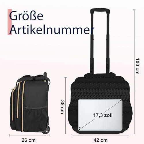 Ytonet Business Trolley Damen, Laptop Trolley 17,3 Zoll Laptop, Laptoptasche mit Rollen Wasserdicht, Business Aktenkoffer Damen mit Rädern, Pilotenkoffer mit Rollen für Reisen, Arbeit, Schule, Schwarz